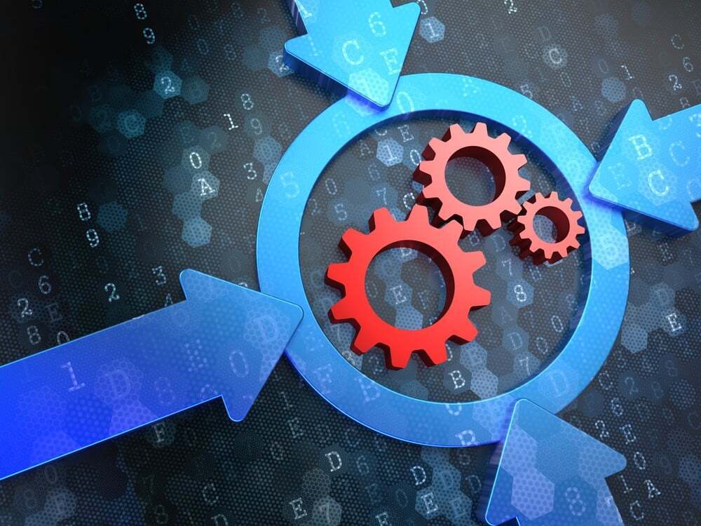 Cogwheel Gear Mechanism Icon Inside the Target on Digital Background. Business Concept.-1